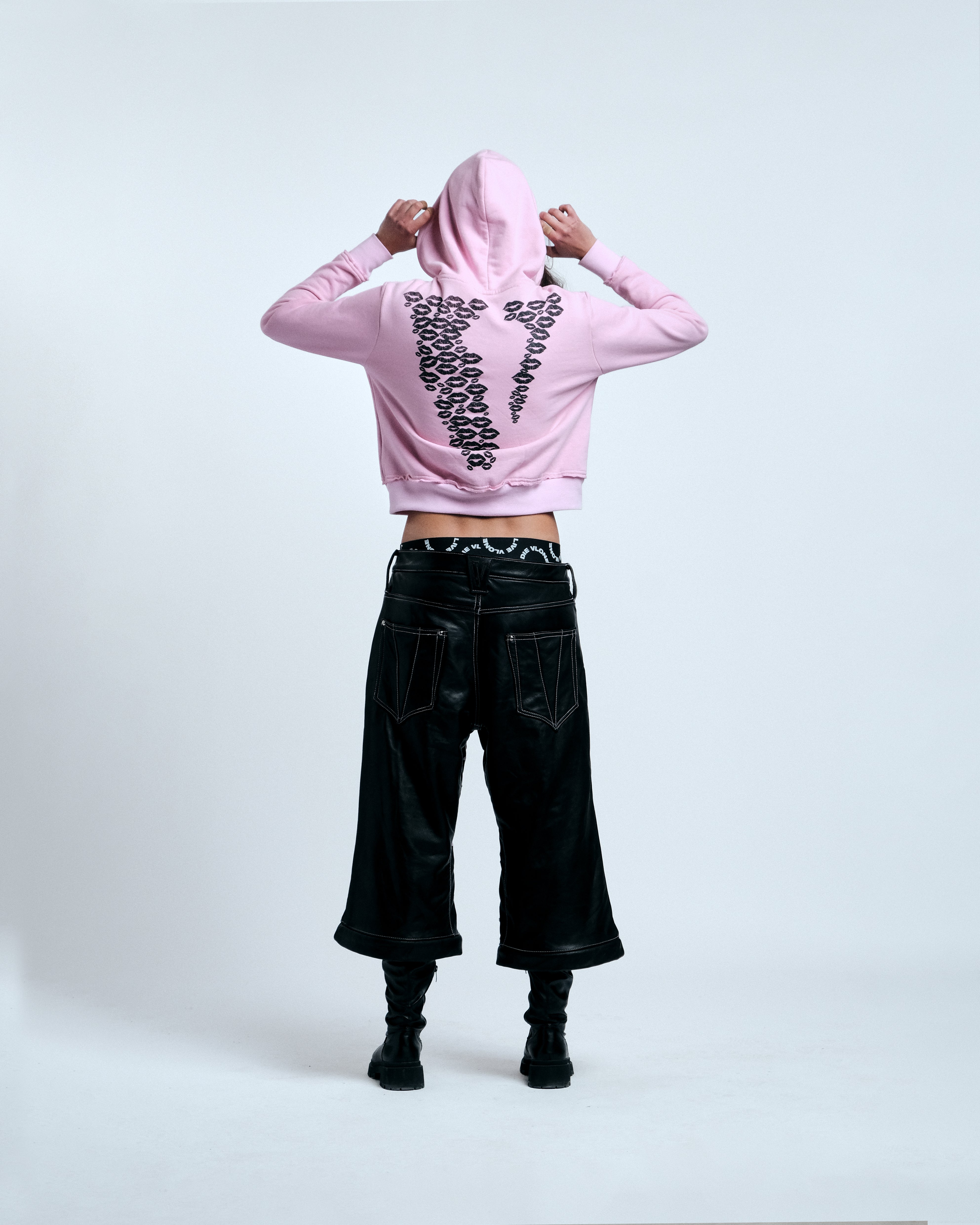BLACK LIPSTICK FRIENDS- EMBROIDERED CROP TOP ZIP UP HOODIE (Pink)