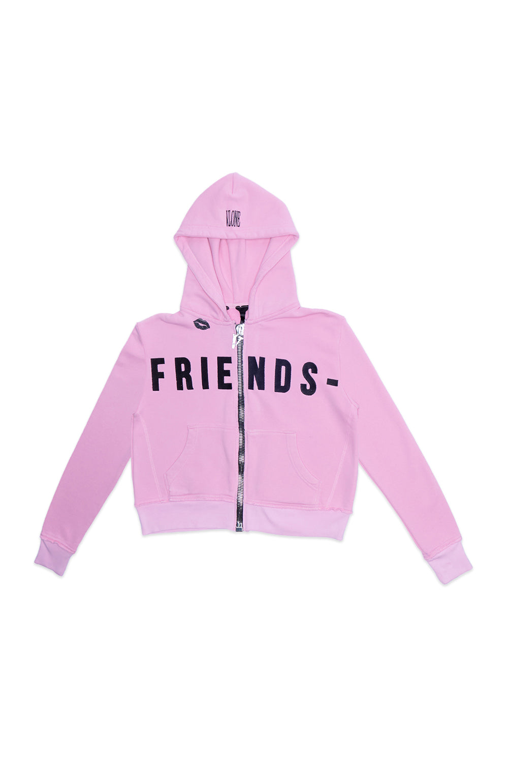BLACK LIPSTICK FRIENDS- EMBROIDERED CROP TOP ZIP UP HOODIE (Pink)